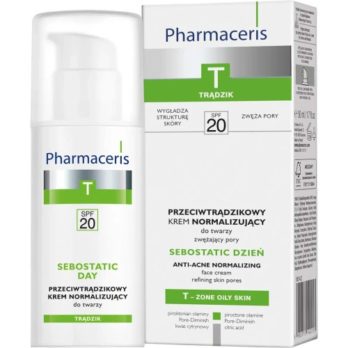 Pharmaceris T Sebostatic Dzień, przeciwtrądzikowy krem normalizujący SPF 20, 50 ml - Do cery trądzikowej, zwęża pory, wygładza i matuje