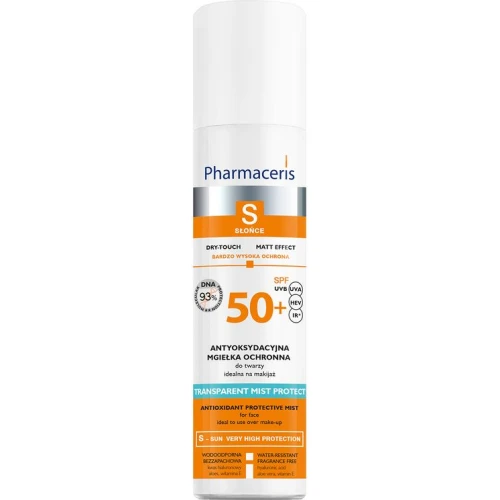 Pharmaceris S Transparent Mist Protect Mgiełka do twarzy SPF 50+, 75 ml - Do reaplikacji na makijaż, z kwasem hialuronowym i aloesem