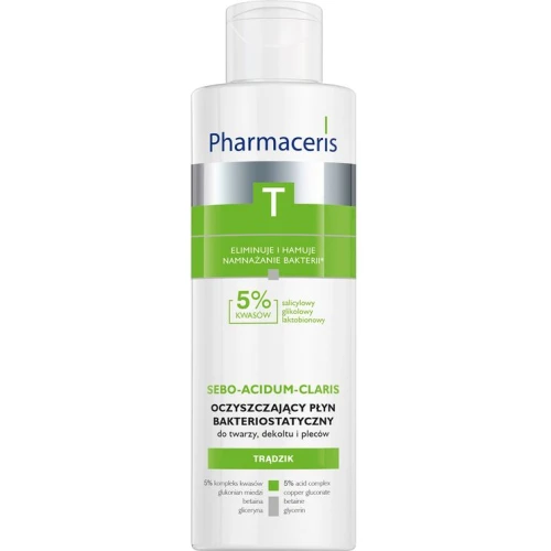 Pharmaceris T Sebo-Acidum-Claris Oczyszczający płyn bakteriostatyczny, 190 ml - Z kwasami AHA i BHA do skóry trądzikowej, tłustej i mieszanej