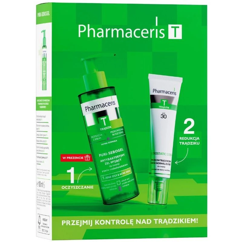 Pharmaceris T Zestaw - Puri-Sebogel 190, ml + Sebostatic Dzień Krem SPF 30, 40 ml  - Przejmij kontrolę nad trądzikiem! 