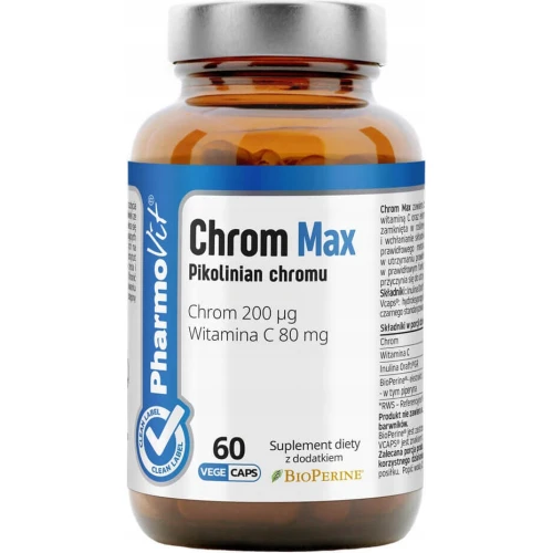 PharmoVit Chrom Max Pikolinian chromu 200 µg, 60 kapsułek - Kompleks chromu z witaminą C i BioPerine®