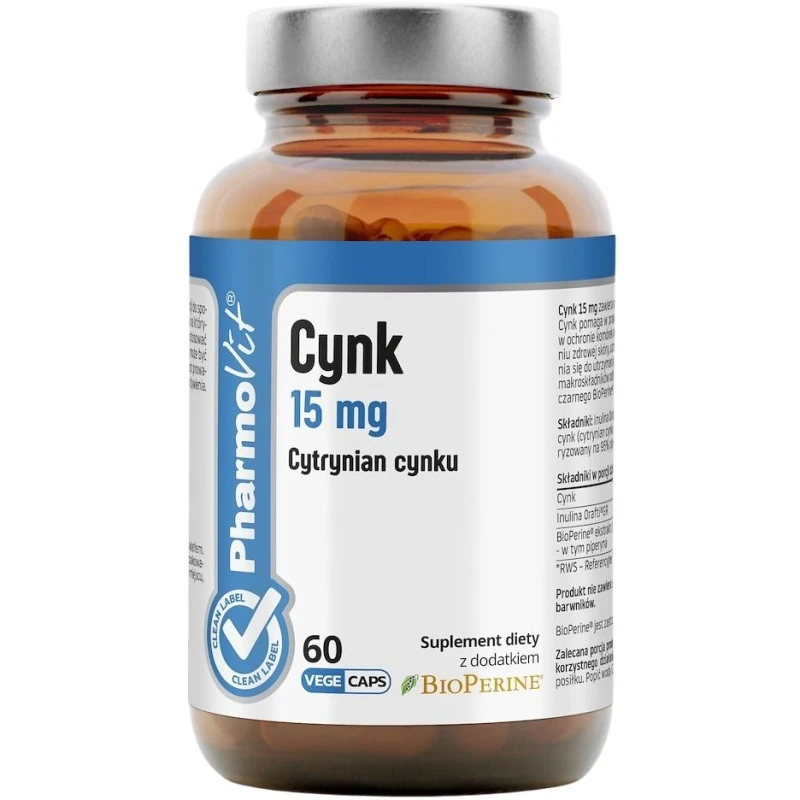 Pharmovit Clean Label Cynk 15 mg, 60 kapsułek - Skład wzbogacony ekstraktem z pieprzu czarnego BioPerine
