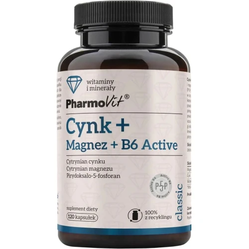 PharmoVit Cynk + Magnez + B6 Active, 120 kapsułek - Wsparcie skóry, kości i układu nerwowego