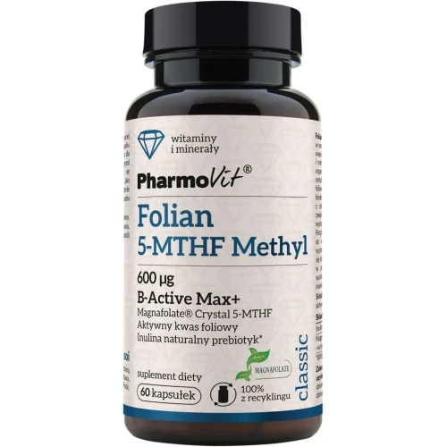 PharmoVit Folian 5-MTHF Methyl 600 µg B-Active Max+, 60 kapsułek - Aktywny L-metylofolian dla wsparcia energii i odporności