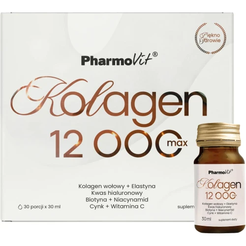 Pharmovit Kolagen 12000 Max, owoce tropikalne, płyn 30 fiolek x 30 ml - Wsparcie skóry, włosów, kości, paznokci i stawów