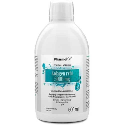 Pharmovit Kolagen rybi 5000 mg, smak cytrynowy, płyn 500 ml -  Zaawansowana formuła z kwasem hialuronowym, ashwagandą, witaminami oraz cynkiem