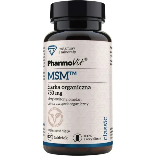 PharmoVit MSM™ Siarka organiczna 750 mg, 120 tabletek - Wsparcie stawów, skóry, włosów i paznokci