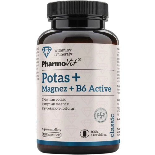 PharmoVit Potas + Magnez + B6 Active, 120 kapsułek - Z biodostępnym potasem, magnezem i aktywną witaminą B6 (P-5-P)