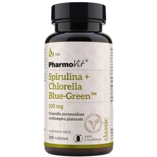 PharmoVit Spirulina + Chlorella + Blue-Green™ 500 mg, 180 tabletek - Naturalne wsparcie codziennej diety