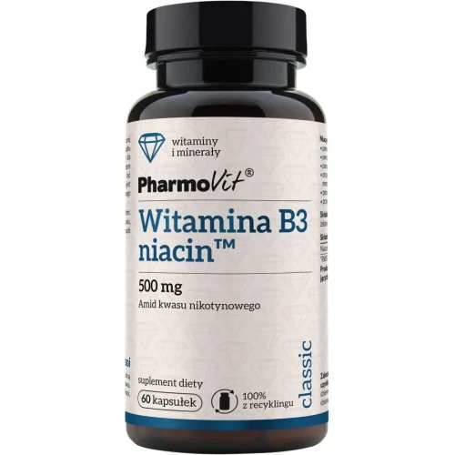PharmoVit Witamina B3 niacin™ 500 mg, 60 kapsułek - Wsparcie metabolizmu i funkcji psychologicznych