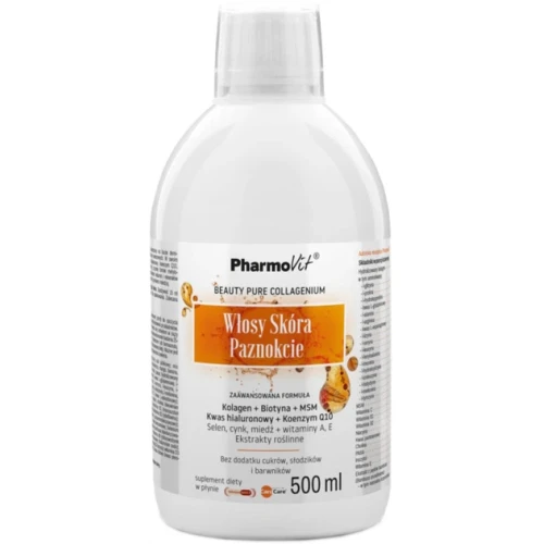 Pharmovit Włosy Skóra Paznokcie, smak owocowy, płyn 500 ml  - Zaawansowana formuła z kolagenem, biotyną i MSM