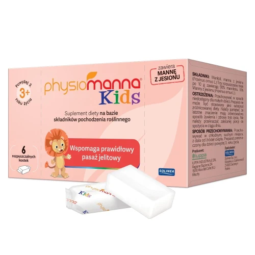 Physiomanna Kids, 6 rozpuszczalnych kostek - Z manną z jesionu, która wspomaga pasaż jelitowy 