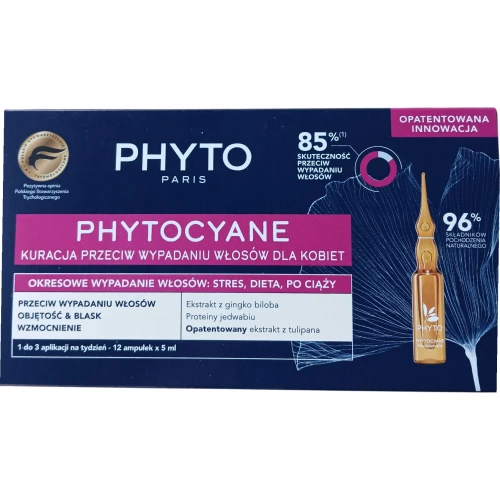 Phyto Phytocyane, okresowe wypadanie włosów, 12 ampułek po 5 ml - Kuracja dla kobiet, przeciw wypadaniu włosów, które jest związane z wiekiem