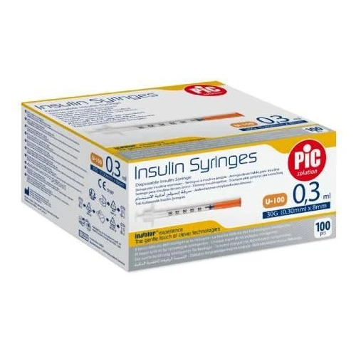 Pic Insulin Syringes, strzykawka insulinowa 0,3 ml z igłą 31G, 0,25 x 8 mm, 100 sztuk - Z igłą zintegrowaną bezpośrednio z korpusem strzykawki