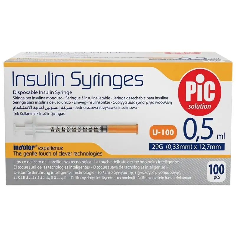 Pic Insulin Syringes, strzykawka insulinowa 0,5 ml z igłą 29G, 0,33 x 12,7 mm, 100 sztuk - Z igłą zintegrowaną bezpośrednio z korpusem strzykawki