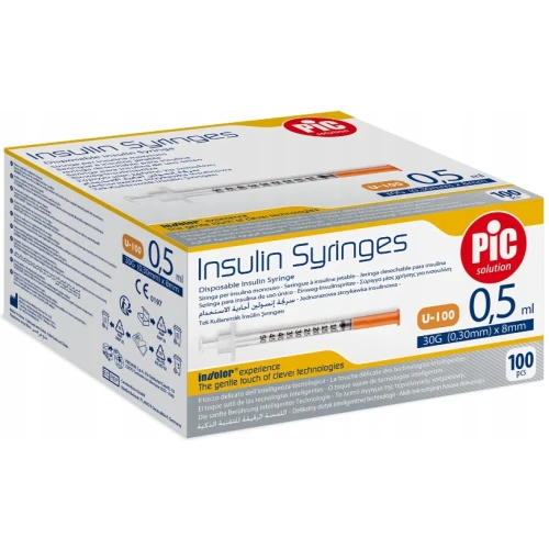 Pic Insulin Syringes, strzykawka insulinowa 0,5 ml z igłą 31G, 0,25 x 8 mm, 100 sztuk - Z igłą zintegrowaną bezpośrednio z korpusem strzykawki