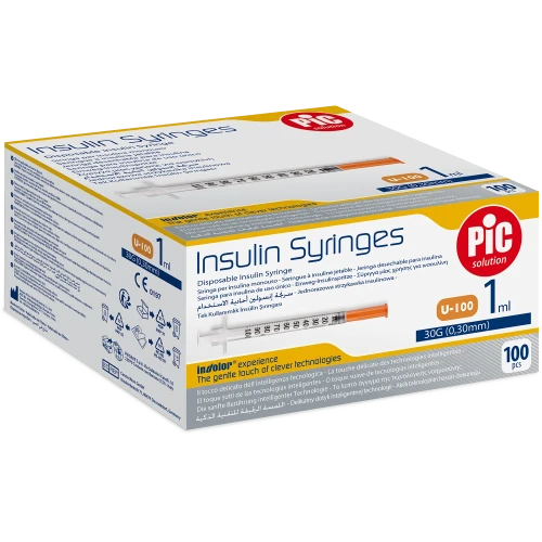 Pic Insulin Syringes, strzykawka insulinowa 1 ml z igłą 30G, 0,30 x 12,7 mm, 100 sztuk - Z igłą zintegrowaną bezpośrednio z korpusem strzykawki