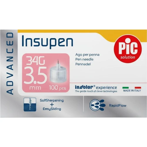 PIC Insupen Advanced Igły do penów 34G, 0,18 x 3,5 mm, 100 sztuk - Najcieńsze i najkrótsze igły do penów insulinowych