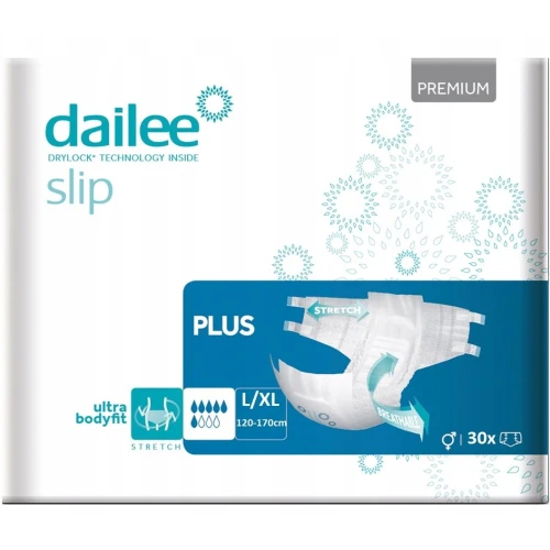 Dailee Slip Premium Plus L/XL, pieluchy dla dorosłych, 30 sztuk - O średniej chłonności dla kobiet i mężczyzn z nietrzymania moczu i stolca