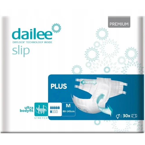 Dailee Slip Premium Plus M, pieluchy dla dorosłych, 30 sztuk - O średniej chłonności dla kobiet i mężczyzn z nietrzymania moczu i stolca