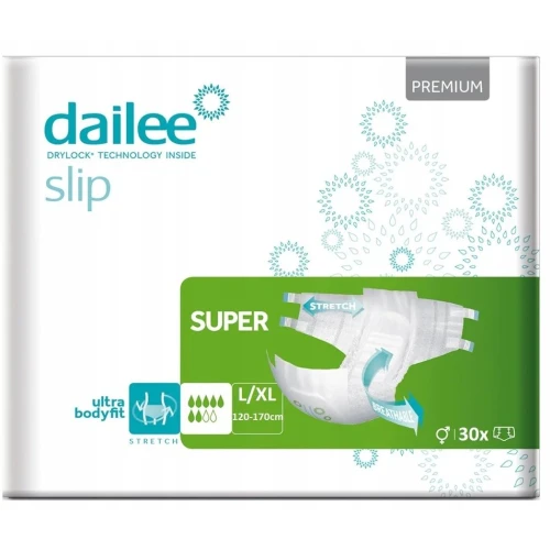 Dailee Slip Premium Super L/XL, pieluchy dla dorosłych, 30 sztuk - Dla kobiet i mężczyzn ze średnim i ciężkim stopniem nietrzymania moczu i stolca