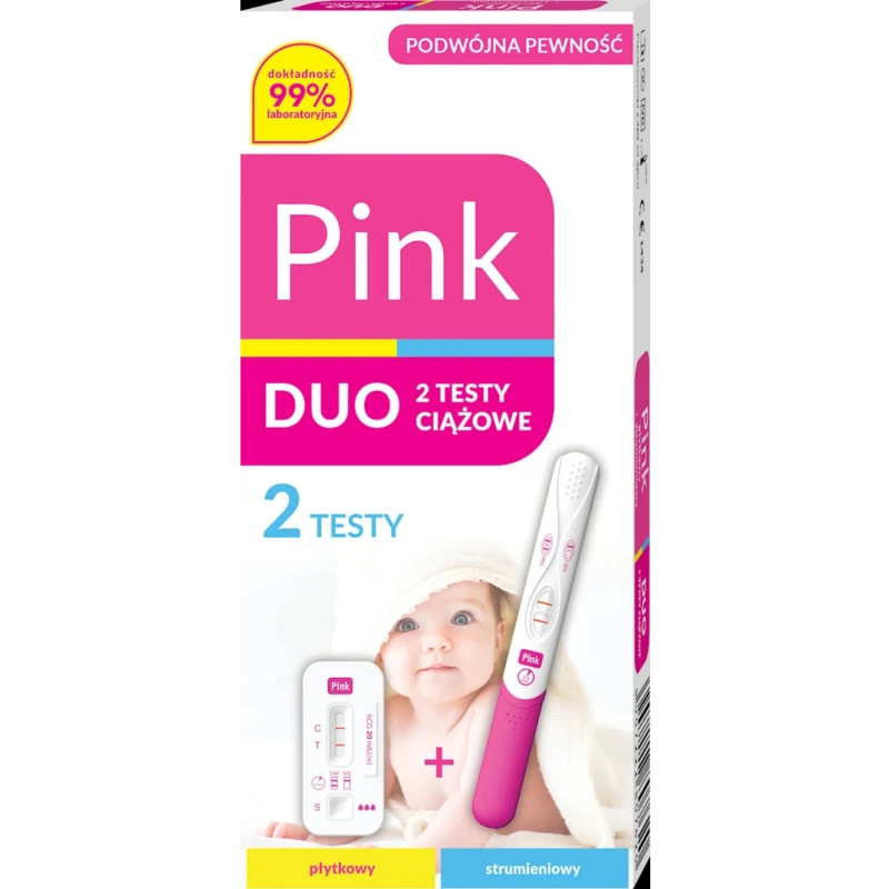Pink Duo Test Ciążowy, 2  testy  - Zestaw 2 testów: strumieniowy + płytkowy