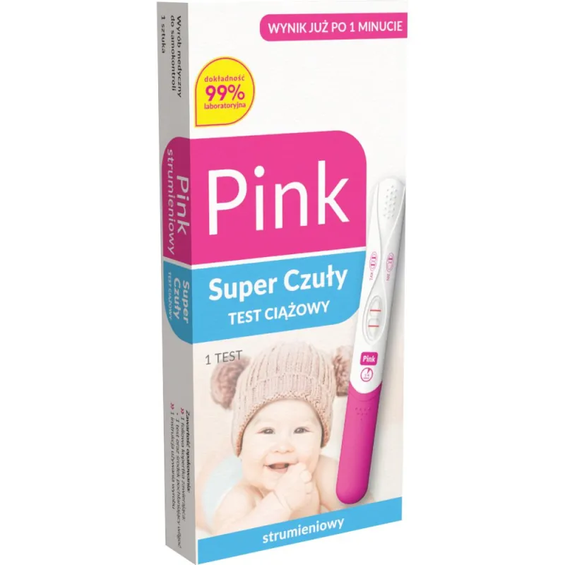 Pink Test Ciążowy Strumieniowy Super Czuły, 1 sztuka - Prosta obsługa, metoda strumieniowa gwarantuje higieniczne i wygodne badanie