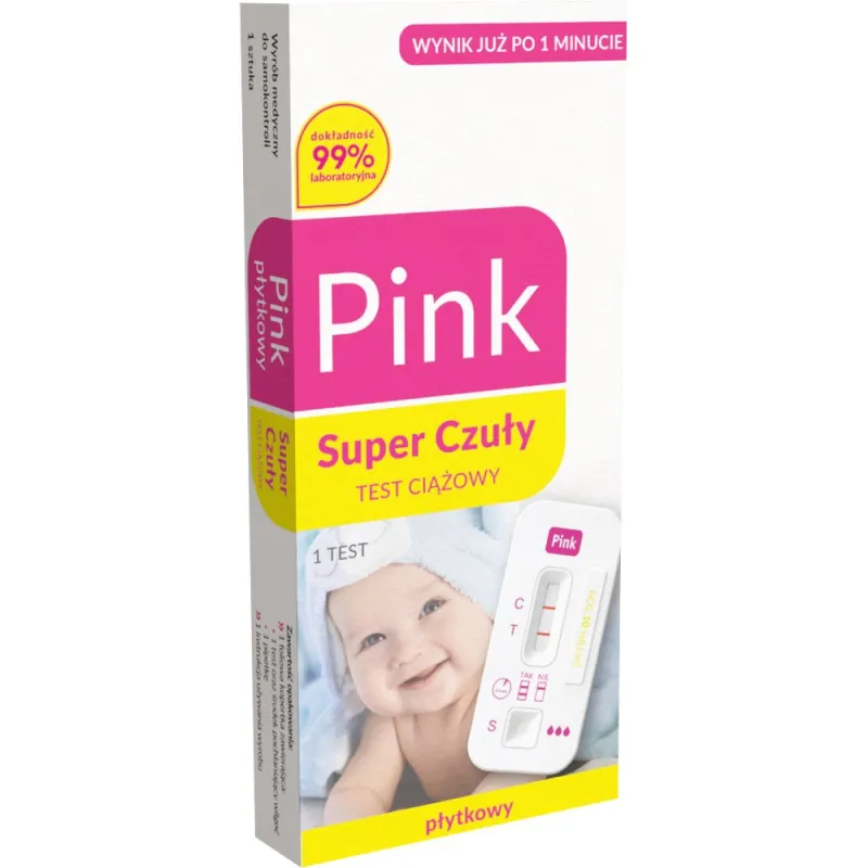 Pink Test Ciążowy Super Czuły płytkowy, 1 sztuka - Płytkowy test ciążowy 10 mIU/ml. Czuły i szybki.