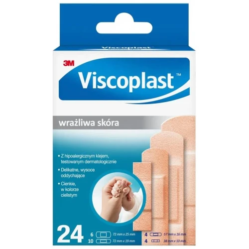 Viscoplast Wrażliwa Skóra, plastry z opatrunkiem, 24 sztuki - Z chłonnym opatrunkiem nieprzywierającym do rany