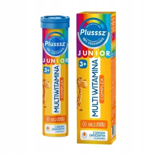 Plusssz Junior Multiwitamina Complex, 20 tabletek musujących - Witaminy dla dzieci bez dodatku cukru, z sokiem owocowym w proszku