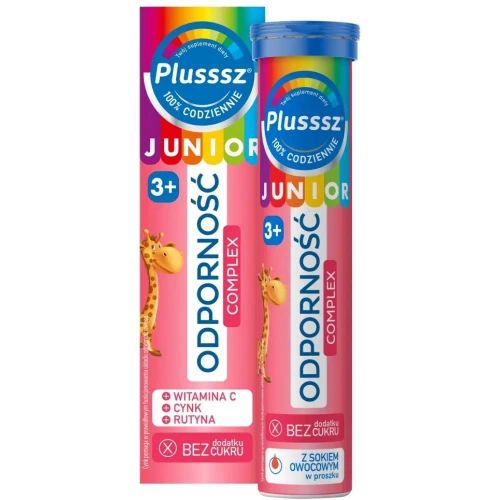 Plusssz Junior Odporność Complex, malina–truskawka, 20 tabletek musujących - Suplement diety z witaminą C, rutyną i cynkiem