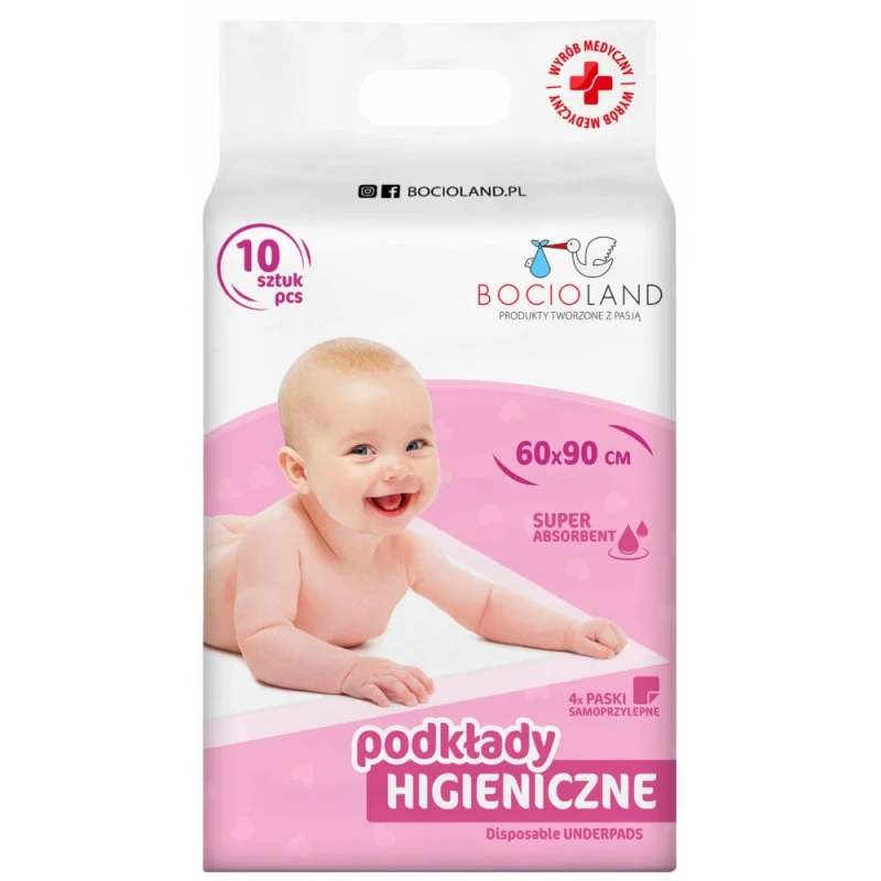 Bocioland Podkłady jednorazowe 60 x 90 cm, 10 sztuk - Chłonne podkłady higieniczne z paskami samoprzylepnymi