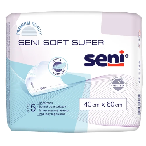 Seni Soft Super 40 cm x 60 cm Podkłady higieniczne, 5 sztuk  - Zapewniające chłonność i ochronę przed przeciekaniem