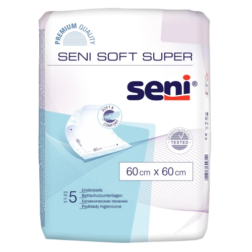 Seni Soft Super 60 cm x 60 cm Podkłady higieniczne, 5 sztuk - Zapewniające chłonność, komfort i suchą powierzchnię przez długi czas