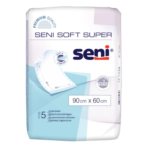 Seni Soft Super 90 cm x 60 cm Podkłady higieniczne, 5 sztuk - O wysokiej chłonności i miękkości Seni Soft Super 90 cm x 60 cm Podkłady higieniczne, 5 sztuk - O wysokiej chłonności i miękkości