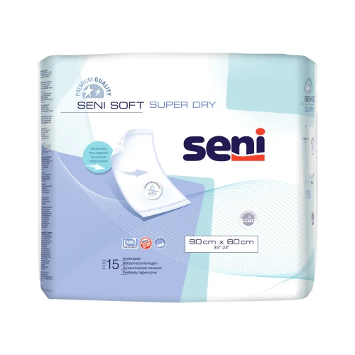 Seni Soft Super Dry 90 cm x 60 cm Podkłady higieniczne, 15 sztuk - Szybko pochłaniają wilgoć i chronią przed przeciekaniem
