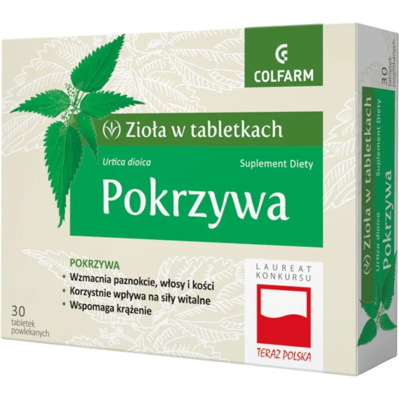 Colfarm Pokrzywa, 30 tabletek powlekanych - Pomaga wzmocnić paznokcie, włosy i kości