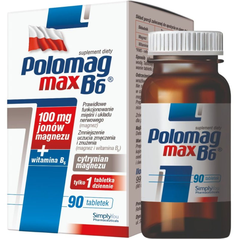 Polomag B6 Max, 90 tabletek - Suplement diety, który uzupełnia poziom magnezu i witaminy B6