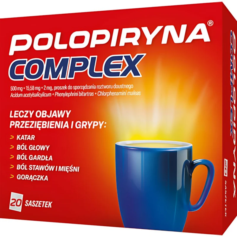 Polopiryna Complex 500mg + 2 mg + 15,58 mg, 20 saszetek - Na objawy przeziębienia i grypy