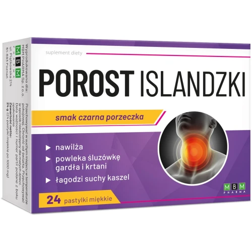 Porost Islandzki, smak czarna porzeczka, 24 pastylki do ssania - Nawilża błonę śluzową i łagodzi podrażnienia gardła