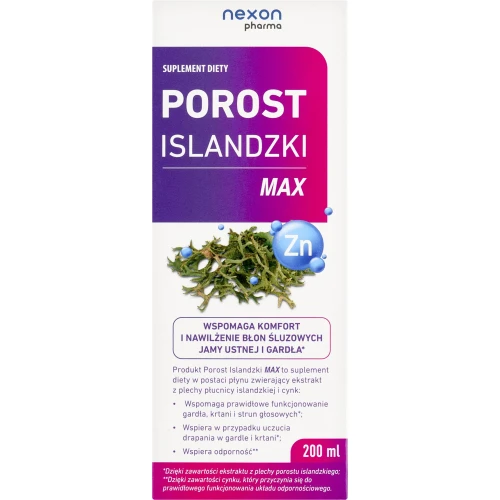 Porost Islandzki Max Syrop, 200 ml - Pomaga utrzymać nawilżenie błon śluzowych jamy ustnej i gardła