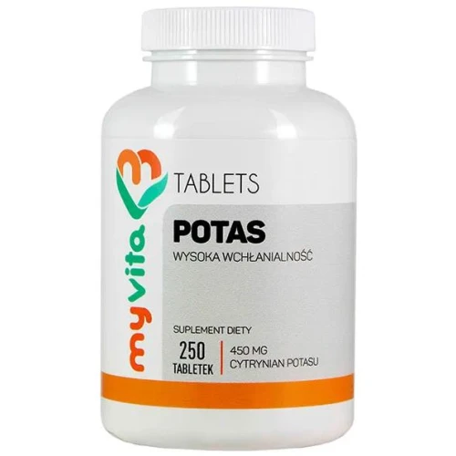 MyVita Potas 450 mg, cytrynian potasu, 250 tabletek - Cytrynian potasu – wspiera prawidłowe ciśnienie krwi i pracę mięśni