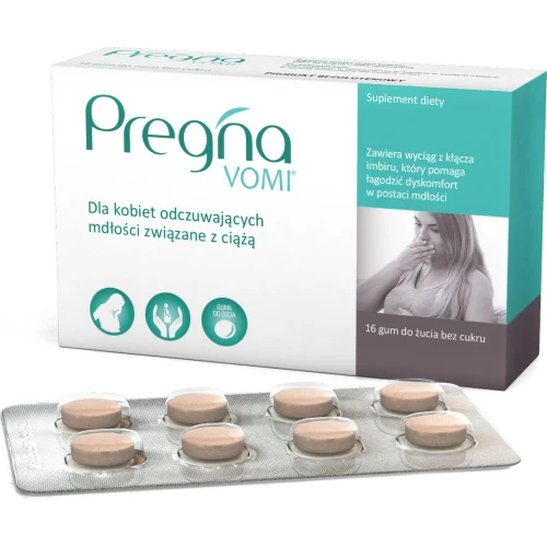Pregna Vomi bez cukru, 16 gum do żucia - Dla kobiet na mdłości związane z ciążą