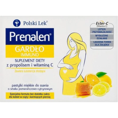 Prenalen Gardło Immuno, bez cukru, 16 pastylek do ssania - O pomarańczowo-cytrynowym smaku z propolisem i witaminą C dla kobiet w ciąży