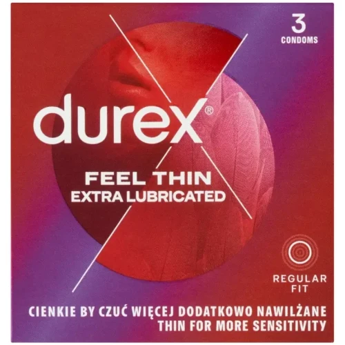 Durex Feel Thin Extra Lubricated, prezerwatywy,  3 sztuki - Ze zwiększoną ilością silikonowego lubrykantu