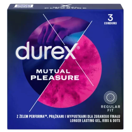 Durex Mutual Pleasure prezerwatywy z żelem przedłużającym stosunek,  3 sztuki - Przezroczyste, pokryte prążkami i wypustkami