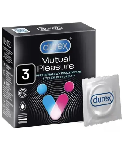 Durex Mutual Pleasure prezerwatywy z żelem przedłużającym stosunek,  3 sztuki - Przezroczyste, pokryte prążkami i wypustkami