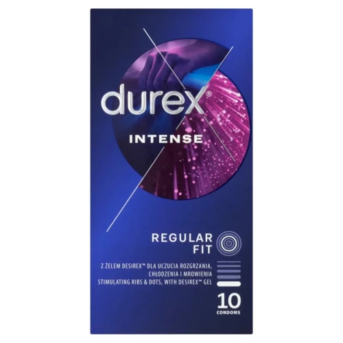 Durex Intense, prezerwatywy z żelem stymulującym, 10 sztuk - Powierzchnia pokryta prążkami i wypustkami