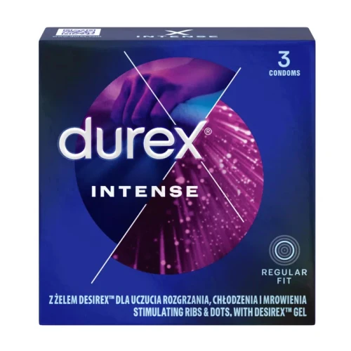 Durex Intense, prezerwatywy z żelem stymulującym, 3 sztuki - Powierzchnia pokryta prążkami i wypustkami