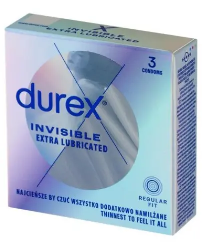Durex Invisible Extra Lubricated, prezerwatywy supercienkie,  3 sztuki - Ze zwiększoną ilością lubrykantu